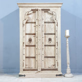 Antique Indian Hand Carved Solid Hard Wood Old Door Wardrobe Cabinet 90X45X143 CM Bleach